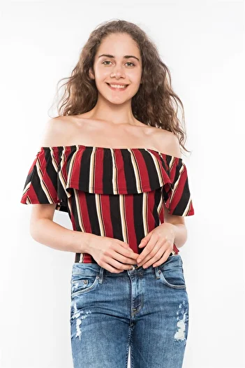 Miss Murem Boat Neck Frilly Striped Bodysuit-burgundy