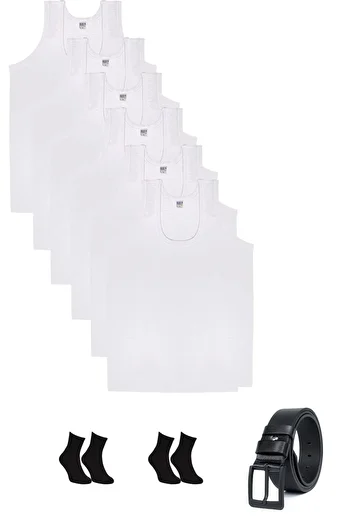 Seher Yıldızı Pack of 6 Combed Cotton White Men's Undershirt, 100% Cotton Undershirt, Belt and 2 Pairs of Socks