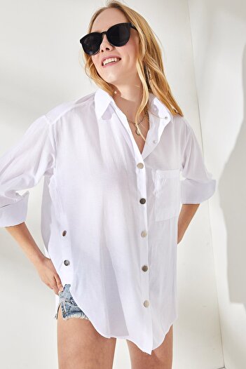 Olalook Woman's White Side Button Detailed Oversize Woven Shirt GML-19001004