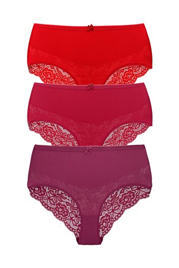 HNX 3-Piece Cotton High Waist Lace Detailed Plus Size Women's Panties
