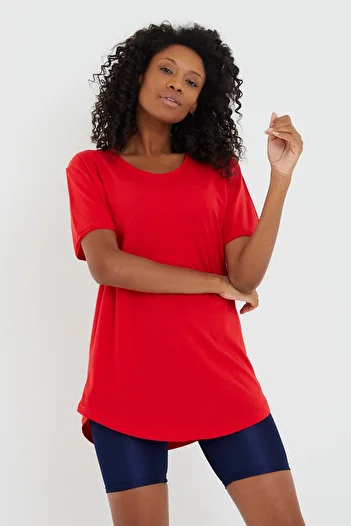 Tarz Cool Women's Red Oval Skirt Wide Collar 100% Cotton Short Sleeve T-Shirt