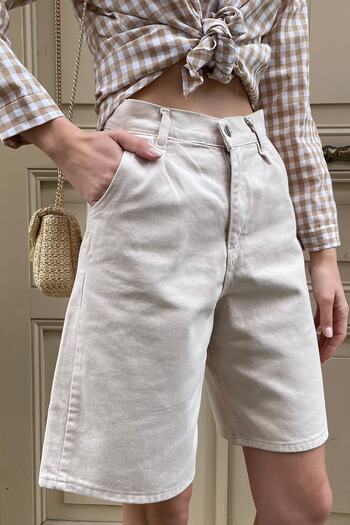 Trend Alaçatı Stili Női bézs magas derekú, széles szárú Bermuda farmer rövidnadrág ALC-X8174
