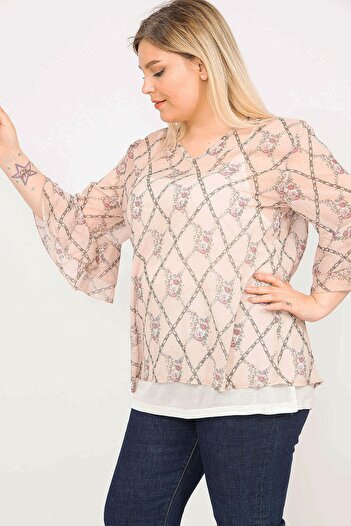 Şans Women's Powder Plus Size Undershirt and Flounce Sleeve Chiffon Blouse 65n35801