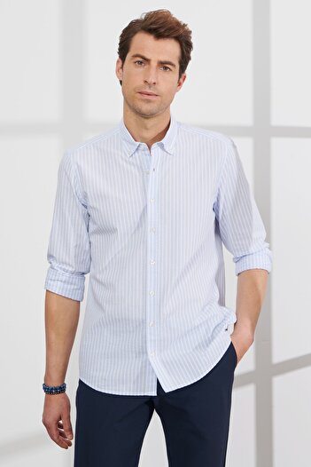 ALTINYILDIZ CLASSICS Erkek Mavi-beyaz Slim Fit Dar Kesim Düğmeli Yaka %100 Pamuk Çizgili Gömlek