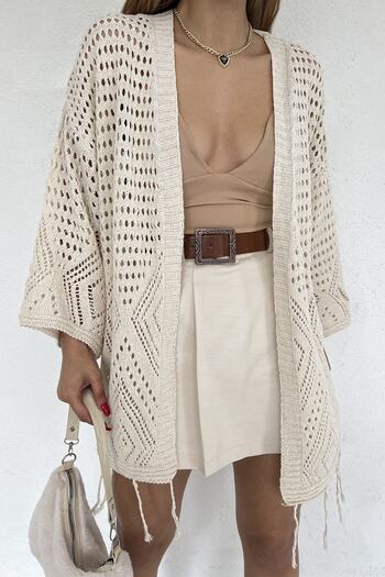 LE CARAMBOLE Women's Cream Tasseled Openwork Knitwear Cardigan