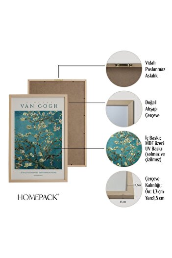 HOMEPACK 3'lü Set Doğal Ahşap Lamine Çerçeveli Klasik Eserler Soyut Vincent Van Gogh 30x40cm 40x60cm Hpn138