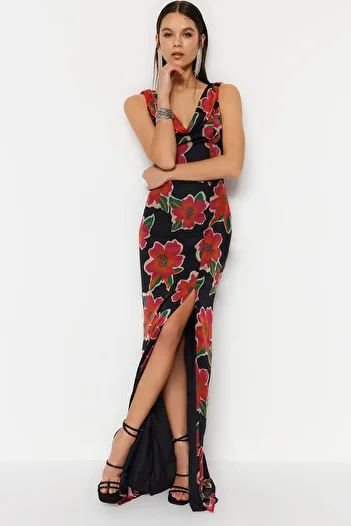 Trendyol Collection Többszínű bélelt sifon virágmintás hosszú estélyi ruha TPRSS23AE00214