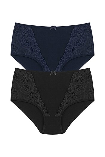 HNX 2-Piece High Waist Large Size Lace Detailed Cotton Bato Women's Panties