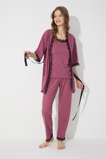 Siyah İnci Cherry Rotten 3-Piece Soft Touch Thin Knitted Dressing Gown Set