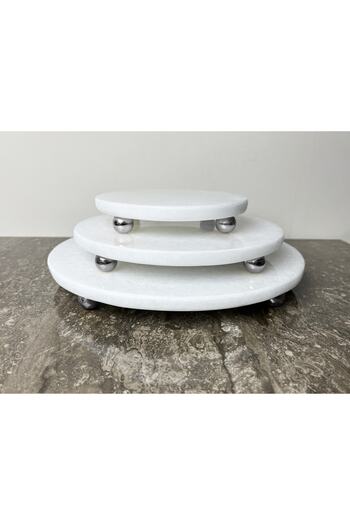 Modestmarluxury Natural Plain White Marble Round 3-Piece Presentation Set Silver Ball Leg Plain White