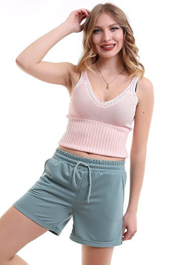 Deafox Γυναικείο χτενισμένο βαμβακερό σορτς Mint Green με ελαστική μέση και τσέπες