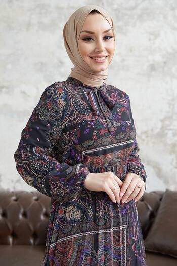 InStyle Viera Paisley Patterned Chiffon Dress with Belted Collar - Black