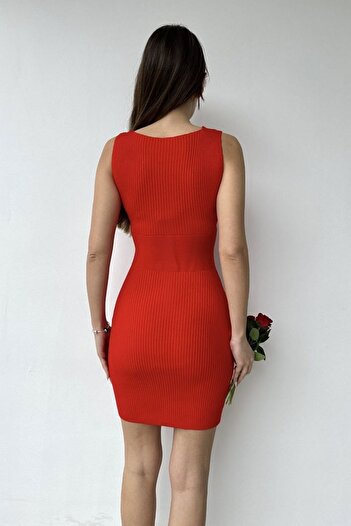 lovebox Women's Flexible Camisole Fabric Double Breasted Collar Sleeveless Red Mini Dress 0263
