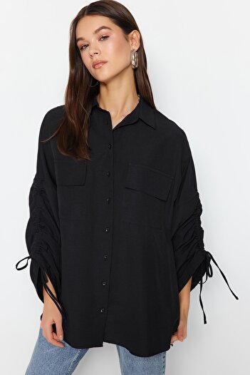 Trendyol Modest Black Sleeve Adjustable Gather Detailed Woven Cotton Shirt TCTSS23TG00011