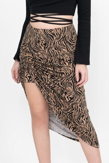 Soyo Brown Black Zebra Patterned Viscose Adjustable Slit Double Skirt