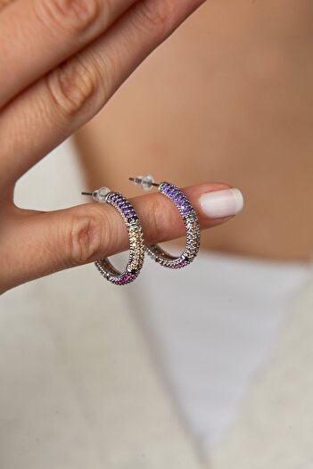 Elika Silver Bayan Mor Taşlı Halka Model Küpe