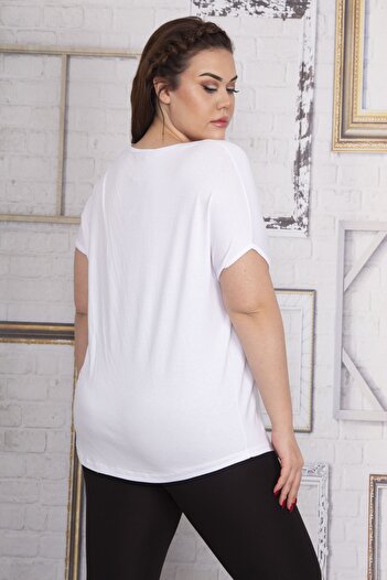 Şans Women's Large Size White Embroidery Detailed V-Neck Low Sleeve Blouse 65n22733