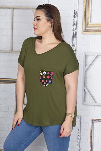 Şans Women's Plus Size Khaki Pocket Print Pattern Tulle Detailed Low Sleeve Viscose Blouse 65n22702