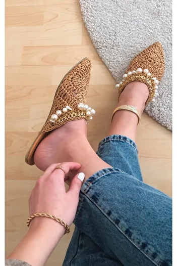 Pabuç Cenneti Women's Pearl Detailed Hand Knitted Straw Slippers