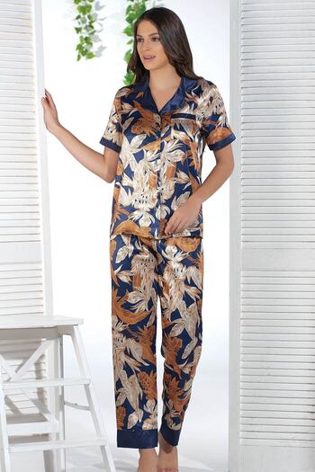 Sevim Kadın Lacivert Saten Düğmeli Pijama Takım 12720
