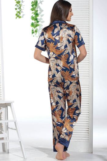 Sevim Kadın Lacivert Saten Düğmeli Pijama Takım 12720