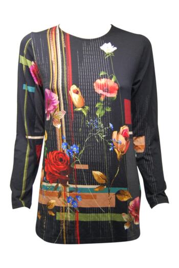 Nurteks Women's Black Floral Patterned Striped Blouse