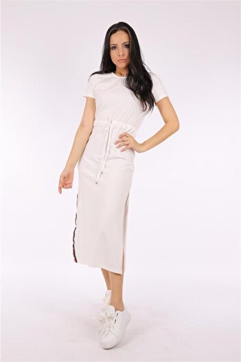 WestBound White Bee Embroidered, Striped, Slit Long Sports Dress