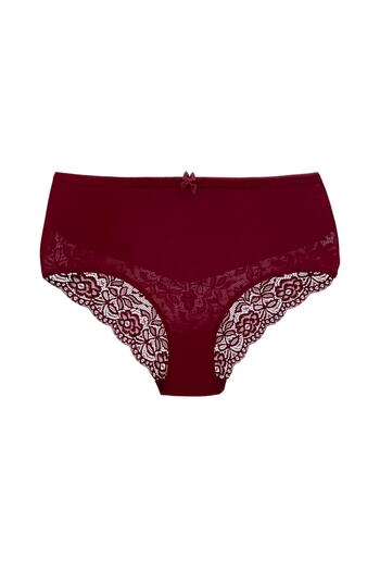 HNX Burgundy Cotton High Waist Lace Detailed Plus Size Women's Panties.