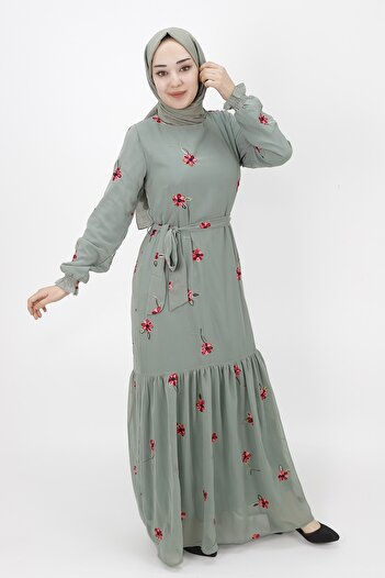 Butik Nakış Modelli Şifon Kumaş Elbise