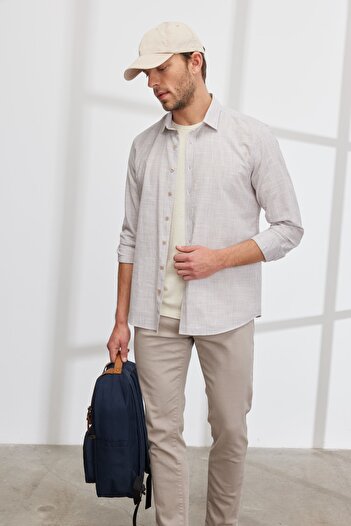ALTINYILDIZ CLASSICS Men's Beige Slim Fit Narrow Cut Classic Collar 100% Cotton Striped Shirt
