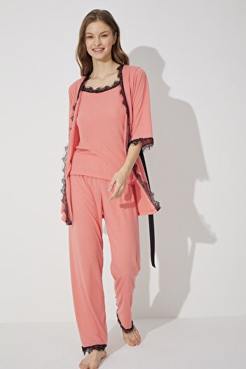 Siyah İnci Soft Touch 3-Piece Dressing Gown Set - Thin Knitted Salmon