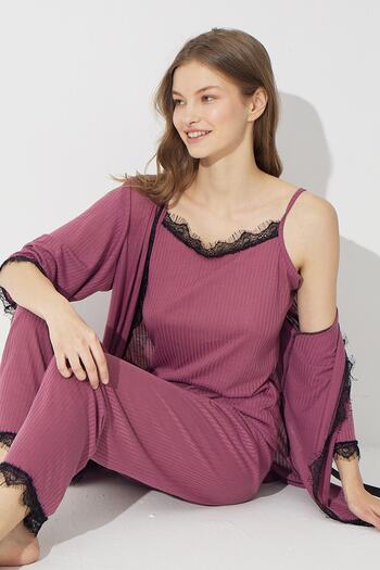 Siyah İnci Cherry Rotten 3-Piece Soft Touch Thin Knitted Dressing Gown Set