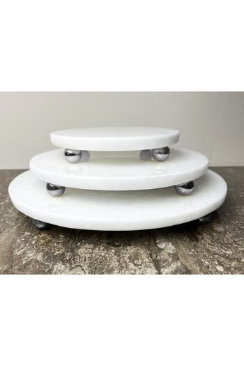 Modestmarluxury Natural Plain White Marble Round 3-Piece Presentation Set Silver Ball Leg Plain White
