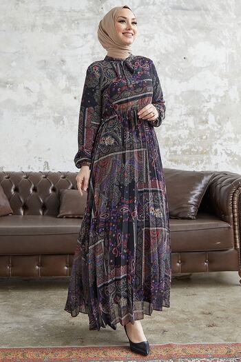 InStyle Viera Paisley Patterned Chiffon Dress with Belted Collar - Black