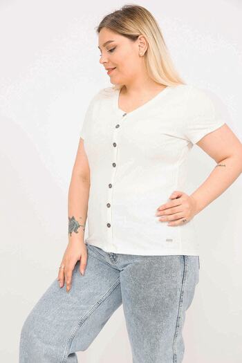 Şans Women's Bone Plus Size Front Buttoned Self-Striped Blouse 65n35793