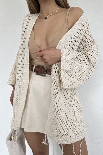 LE CARAMBOLE Women's Cream Tasseled Openwork Knitwear Cardigan