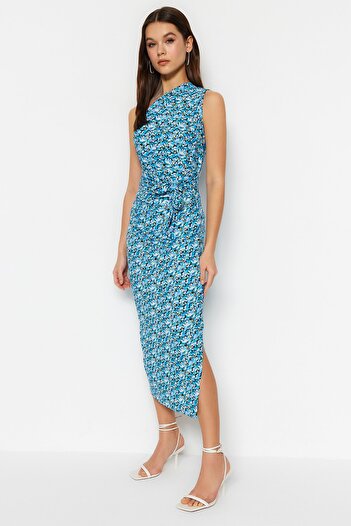 Trendyol Collection Rochie creion asimetrică cu un singur umăr - Imprimeu albastru, tricotat elastic, Degaje Detaliat TWOSS23EL02182