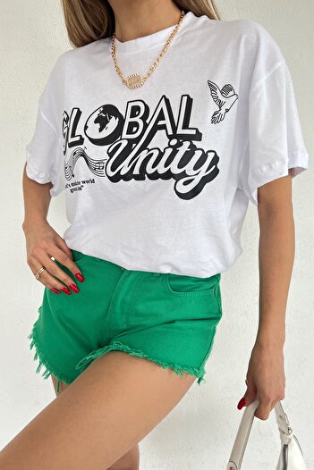 LE CARAMBOLE Women's White Global Unity Printed Combed Cotton T-shirt