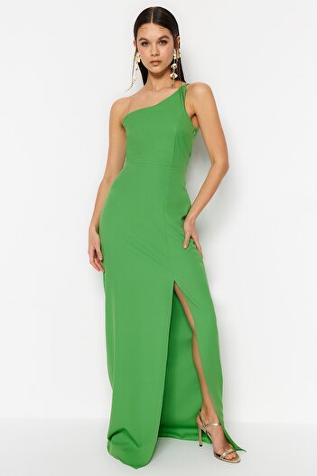 Trendyol Collection Zelené tkané dlouhé večerní šaty na tělo TPRSS23AE00133