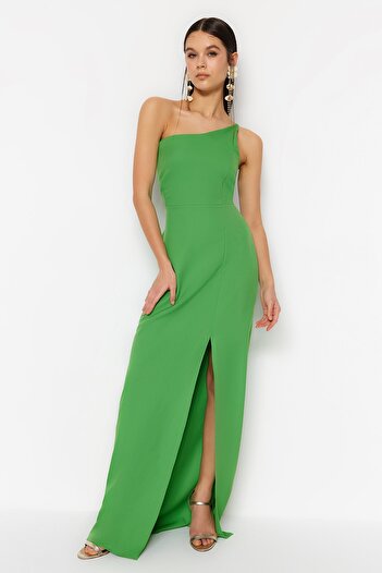 Trendyol Collection Zelené tkané dlouhé večerní šaty na tělo TPRSS23AE00133