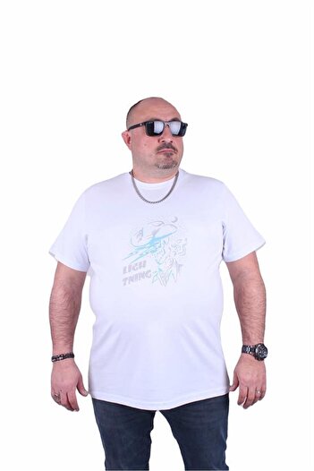 Starbattal Large Size Men's Printed T-Shirt Lightning 23132 White