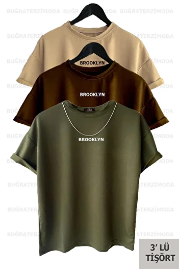 Buğraterzimoda Brooklyn Printed Unisex Καφέ-χακί-μπεζ (χαλαρή εφαρμογή) Πακέτο T-shirt 3 τεμαχίων μεγάλου μεγέθους