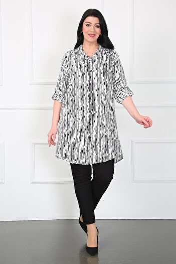 By Alba Collection Women's White Cotton Viscose Column Pattern Large Size Tunic