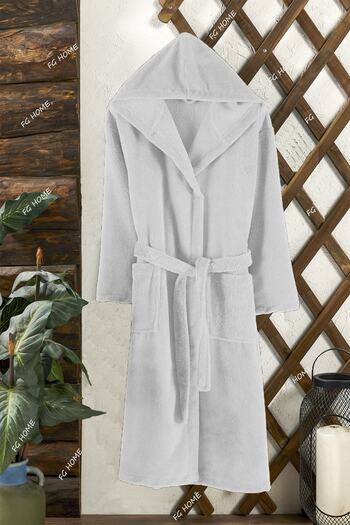 FG Home White Hooded Unisex 100% Cotton Bathrobe, Extra Water Absorbent
