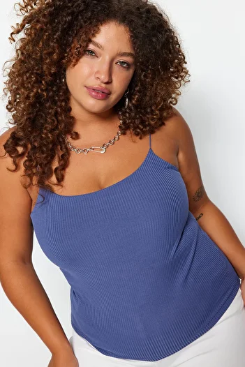 Trendyol Curve Indigo Spaghetti Strap Crop Ribbed Knitted Plus Size Blouse Tbbss23Af00013