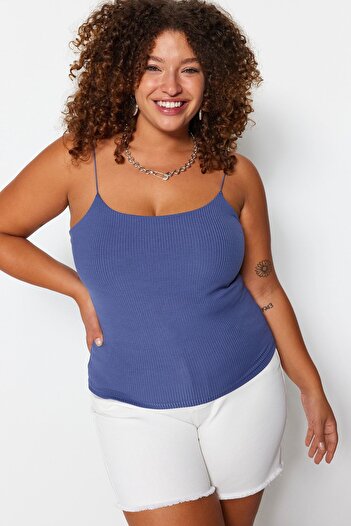 Trendyol Curve Indigo Spaghetti Strap Crop Ribbed Knitted Plus Size Blouse Tbbss23Af00013