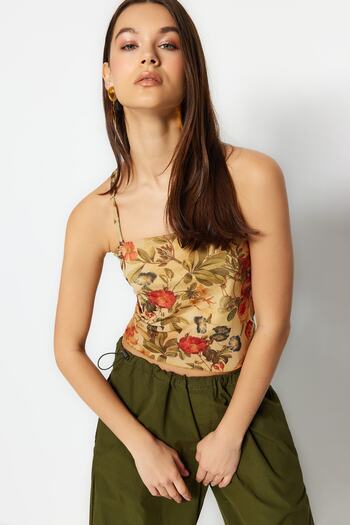 Trendyol Collection Různobarevné květinové vzorované přiléhavé popruhy podšité pružným tylem pletená halenka TWOSS23BZ00710