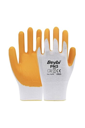 Beybi Pn3 Polyester Knitted Nitrile Gloves White-Yellow No:10 (XL) 12 Pairs