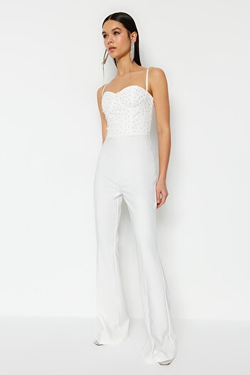 Trendyol Collection Ecru Lined Bridal Jumpsuit with Woven Accessories TPRSS23TU00043