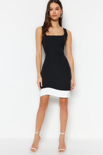 Trendyol Collection Black Body Fitted White Stripe Detailed Mini Woven Dress TWOSS23EL02048